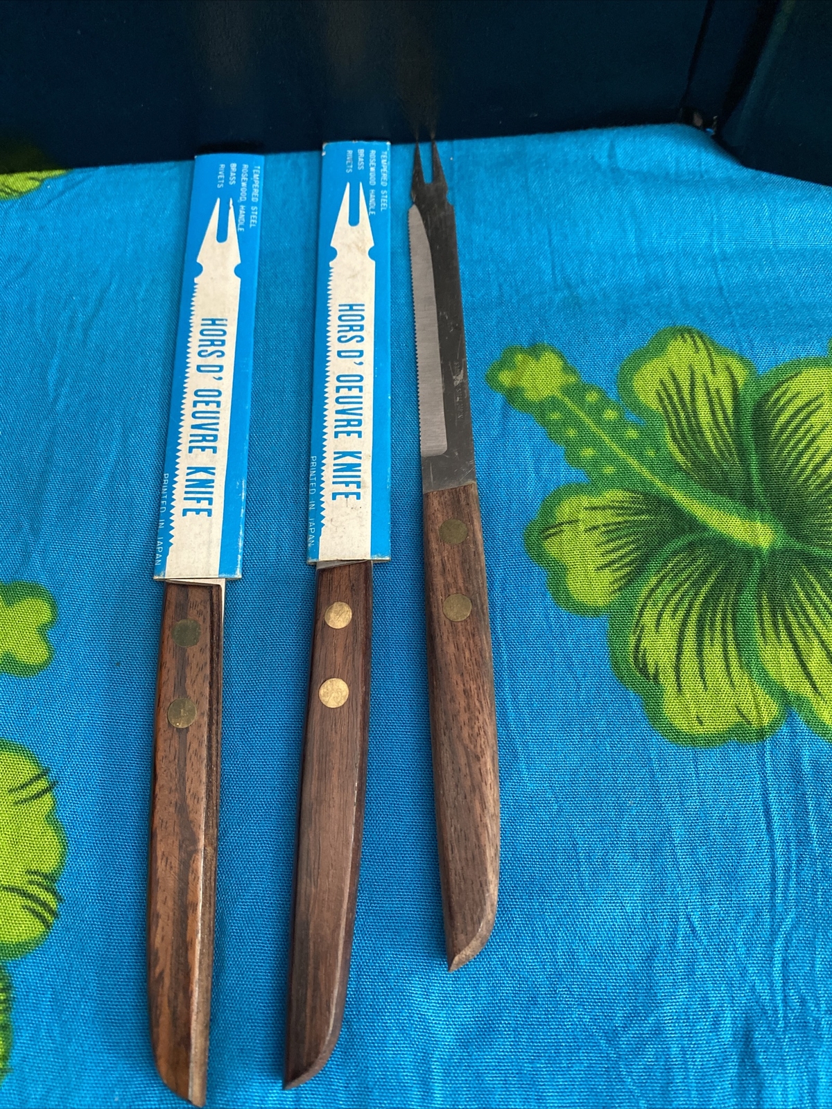Vintage Lot 3 Hors D’ Oeuvre Serrated Knives Rivets Exotic Wood See Photos Japan