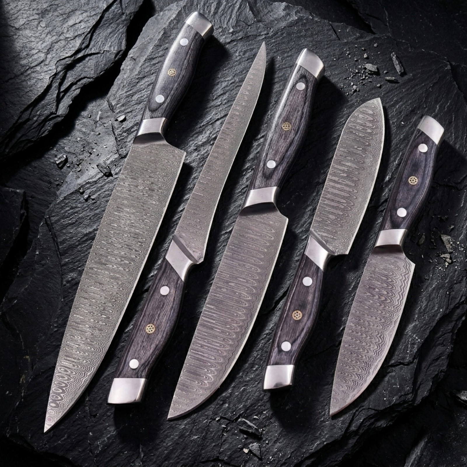 SHARD 5Pc Damascus Steel Camp Chef Knife Set Full Tang Wood Handle Leather Roll