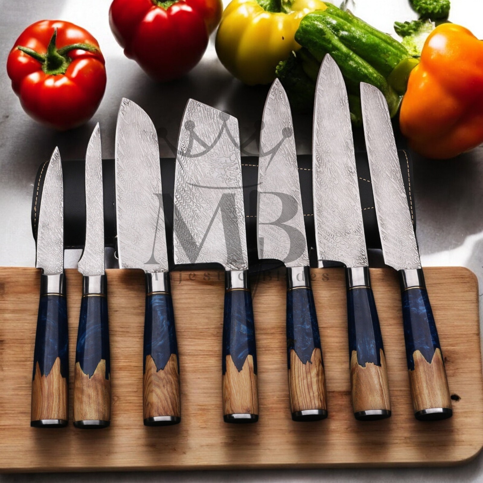 STUNNING 7PCS DAMASCUS STEEL KNIFE SET WITH BLUE RESIN BURL WOOD HANDLE