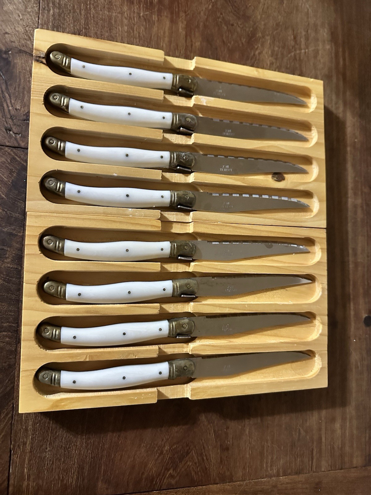 8 Laguiole Inox White Cream Bee Steak Knives Stainless In Wood Boxes