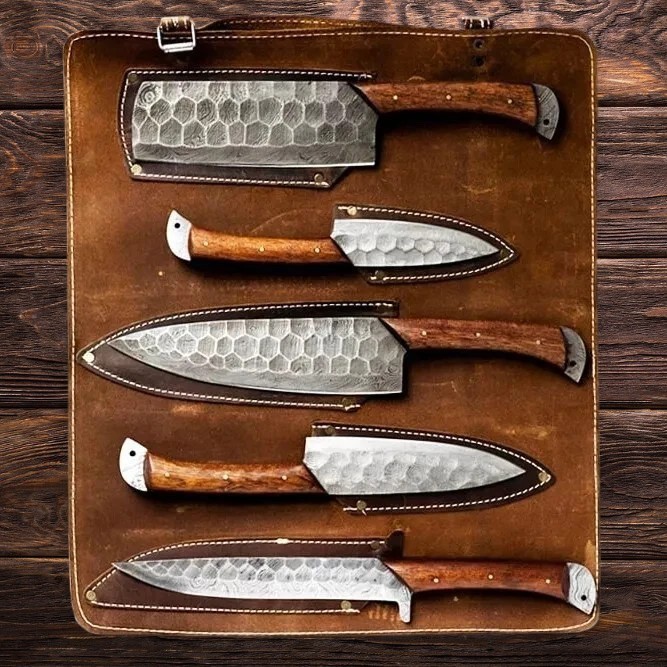 Damascus Chef Knife Set Hand Forged Kitchen Knives 5 Pcs Full Tang Leather Roll