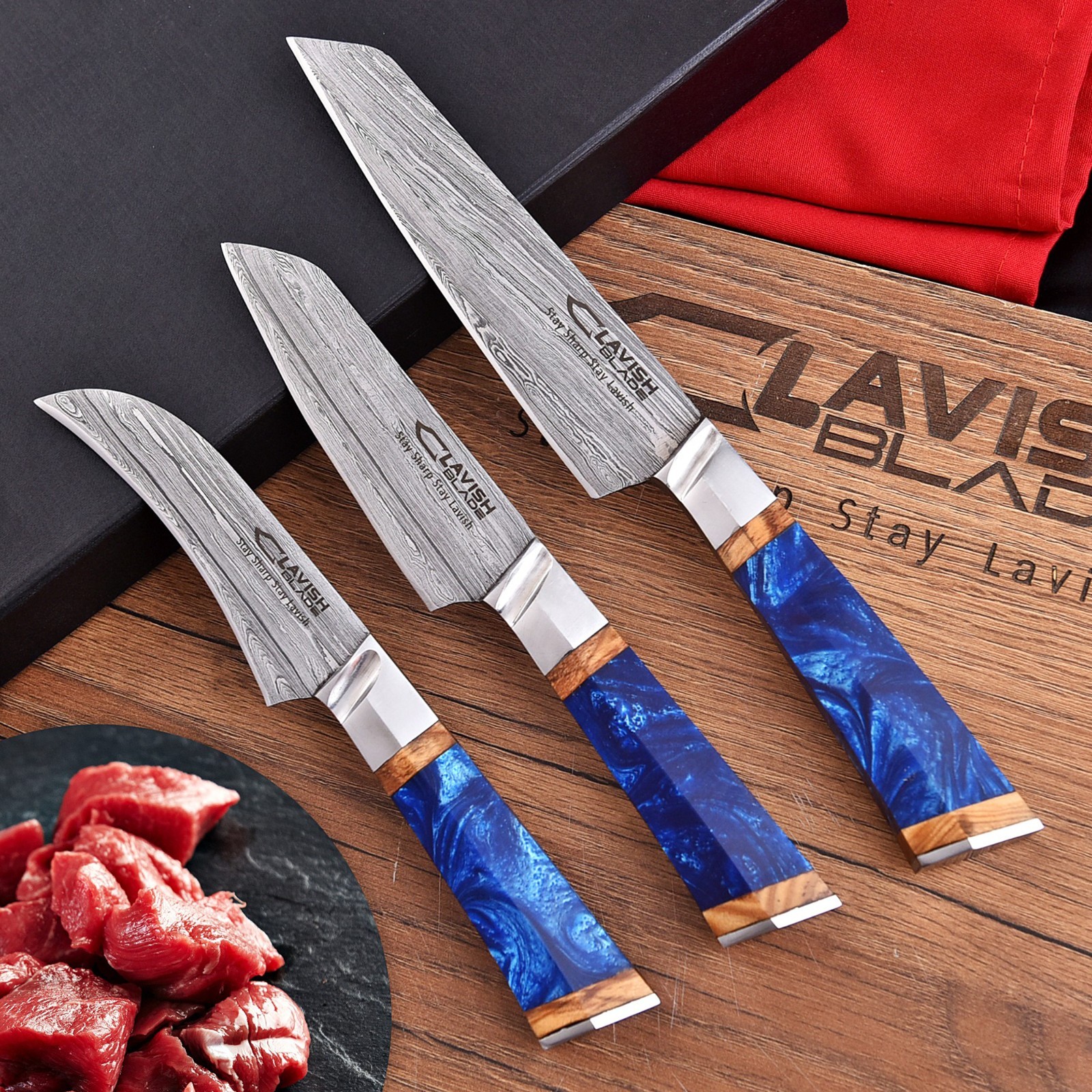 Hand Forged Damascus Steel 3 Pcs Chef Knife Set, Kitchen Knives Chef Knives Set
