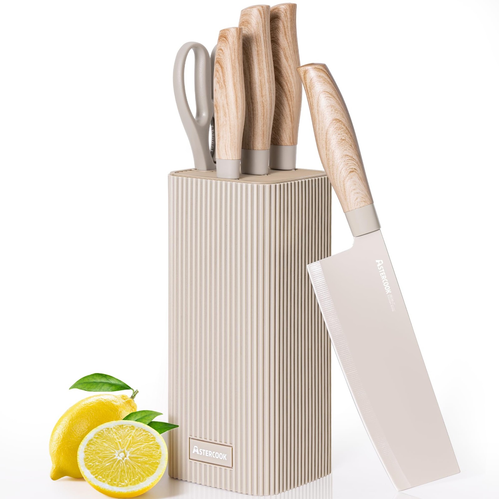 Astercook 6-Piece Kitchen Knife Set with Block, Stainless Steel, Khaki