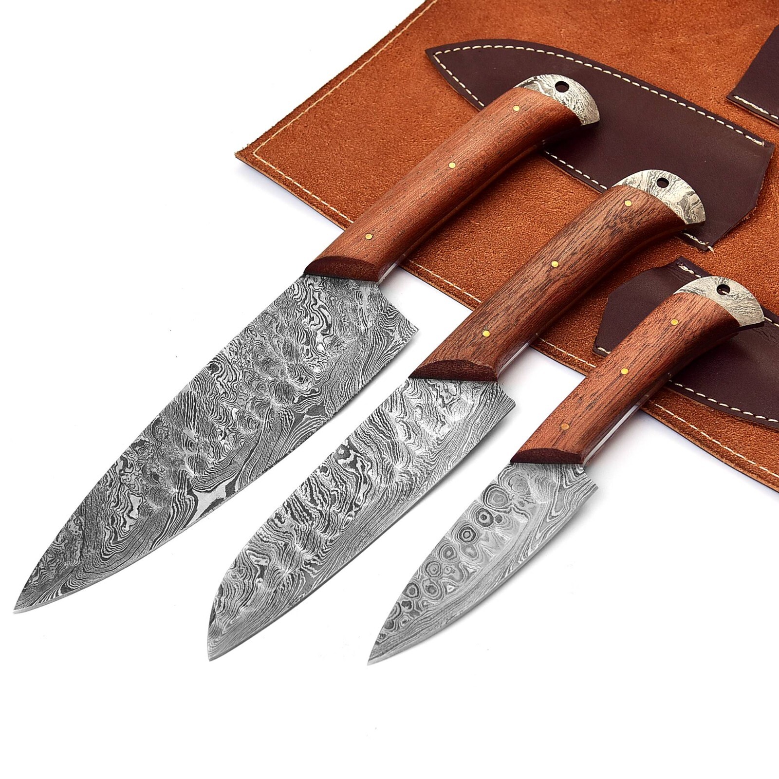 3 Pieces Hammered Damascus steel blade kitchen knives set with roll bag