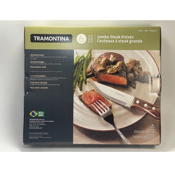 Tramontina Jumbo Steak Knife Set – NEW – Stainless Steel Serrated Blades, 6 set