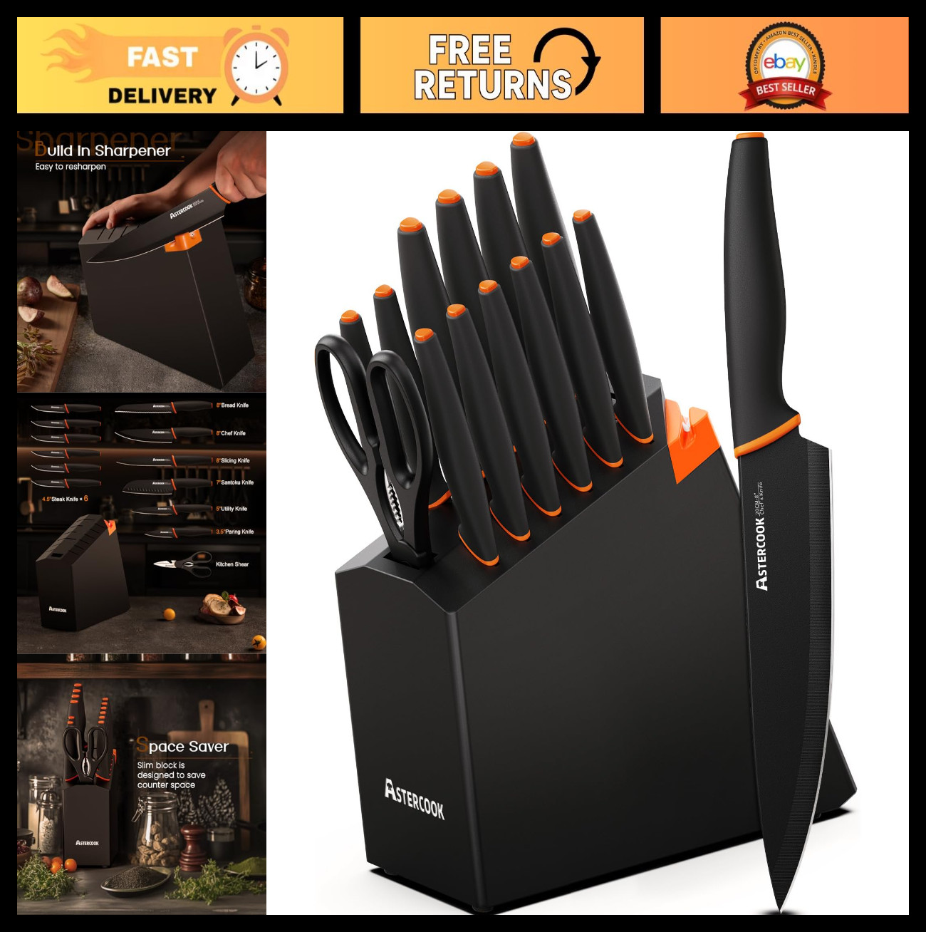 15-Piece Kitchen Knife Set with Built-in Sharpener, High Carbon Stainless Steel,