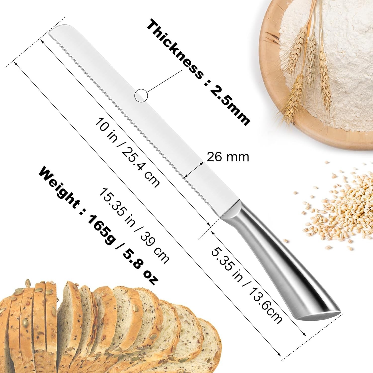 Serrated Bread Knife, Pastry-Slicer 10″ or 8 Inch Blade,One-Piece Stainless …