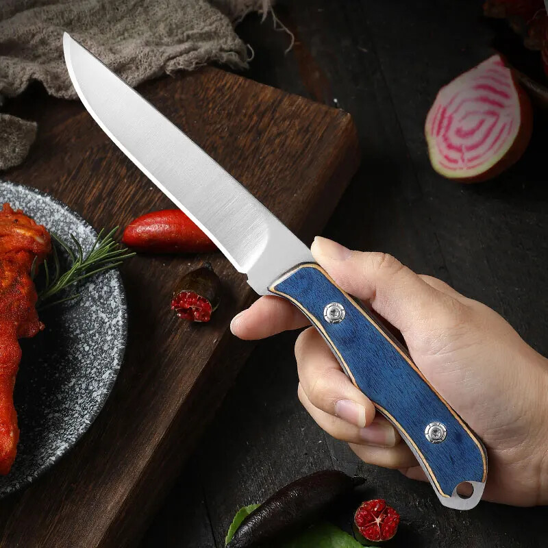 portable steel knife with sheath and wood handle for grilling and fruit cutting
