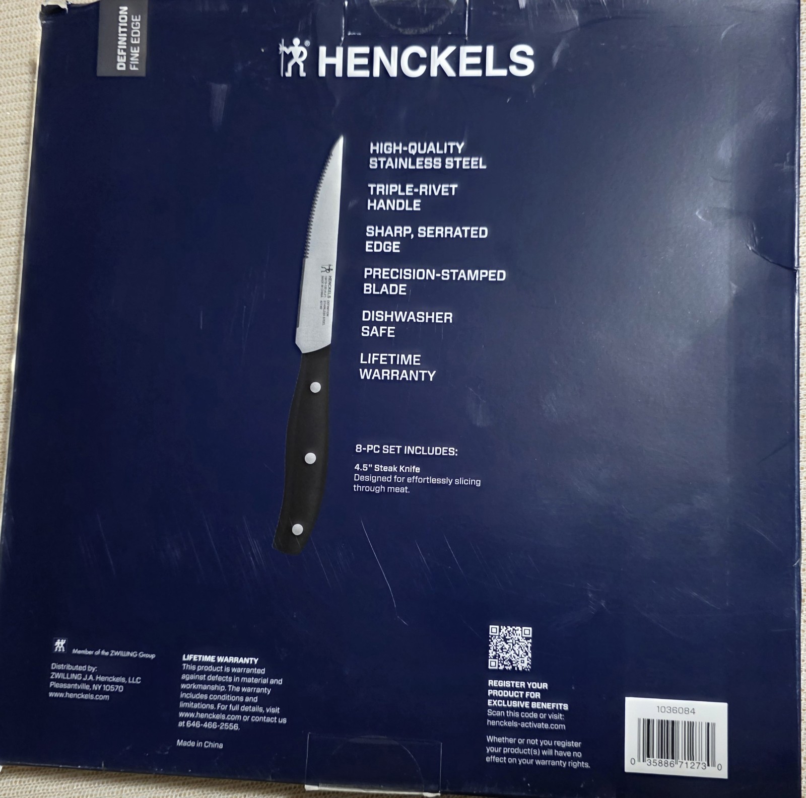 Henckels Definition 4.5in Blade Stainless Steel Steak Knife Set of 8 NEW.