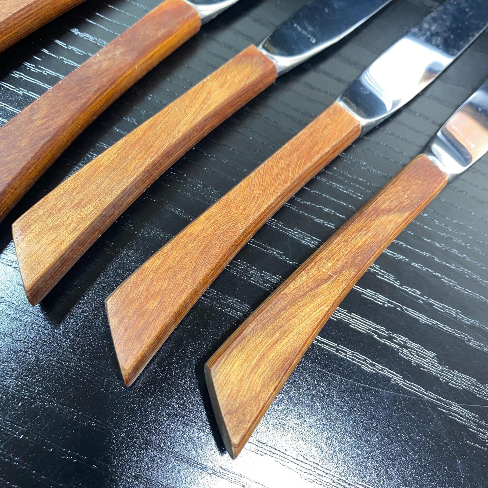 Vintage Steak Knives Set Of 7 Teak Wood Handles Stainless With Tray Brown MCM