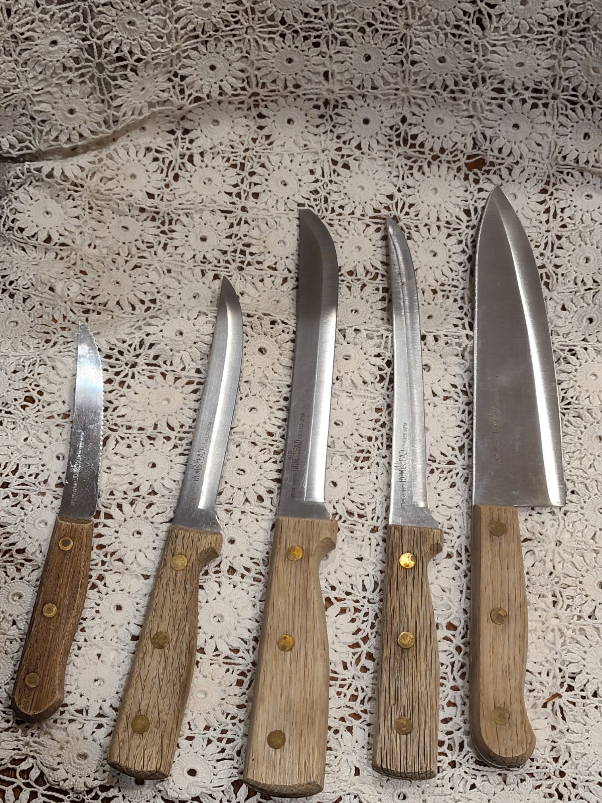 Vintage Stainless Steel Knives Wood Handles Old Homestead JAPAN 5 pc Lot