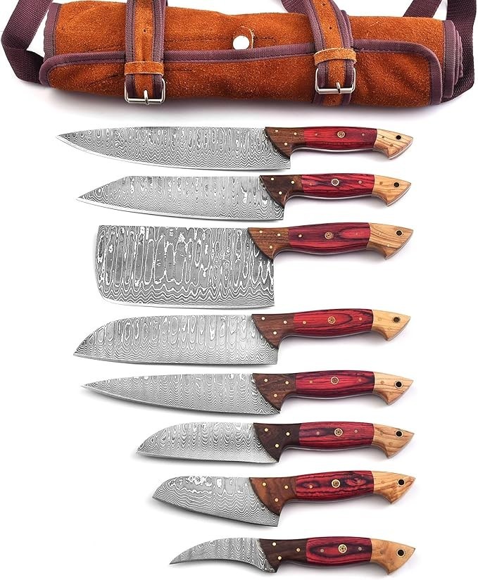 Custom Handmade Damascus Steel Kitchen Knife Set 8PCS Chef Knives Roll Bag