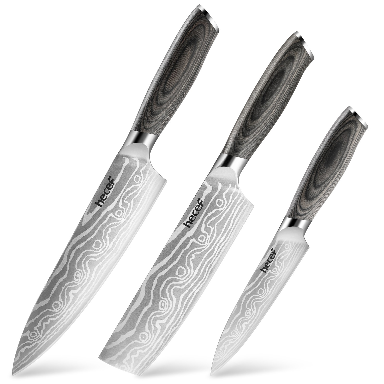 Hecef® Kitchen Knife Set of 3 Professional Stainless Steel Pakkawood Handles