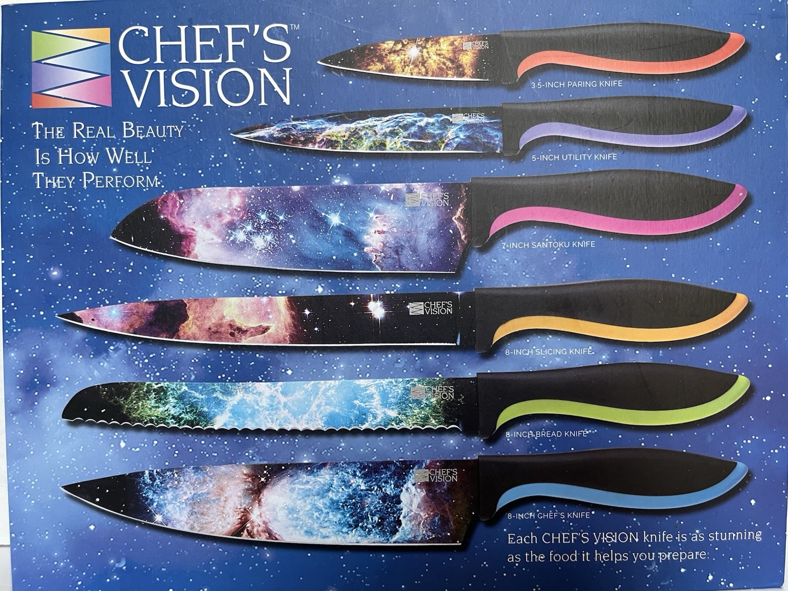 Chef’s Vision 6-Piece Cosmos Space Galactic Astrology Kitchen Knife Set Gift Box