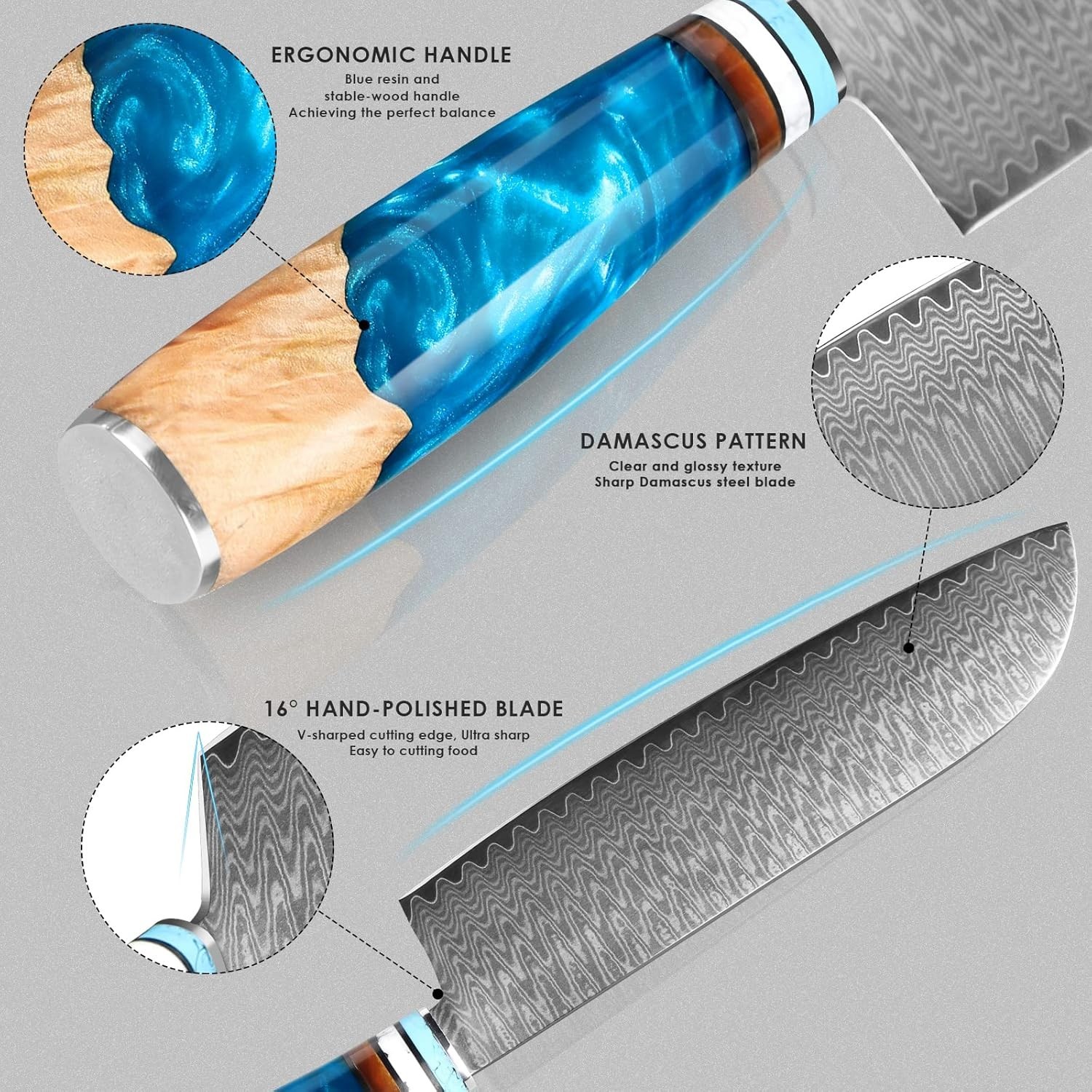 Keenzo 3-Piece Chef Knife Set 8” 8” 5” Damascus Pattern Blue Resin Wood Handle