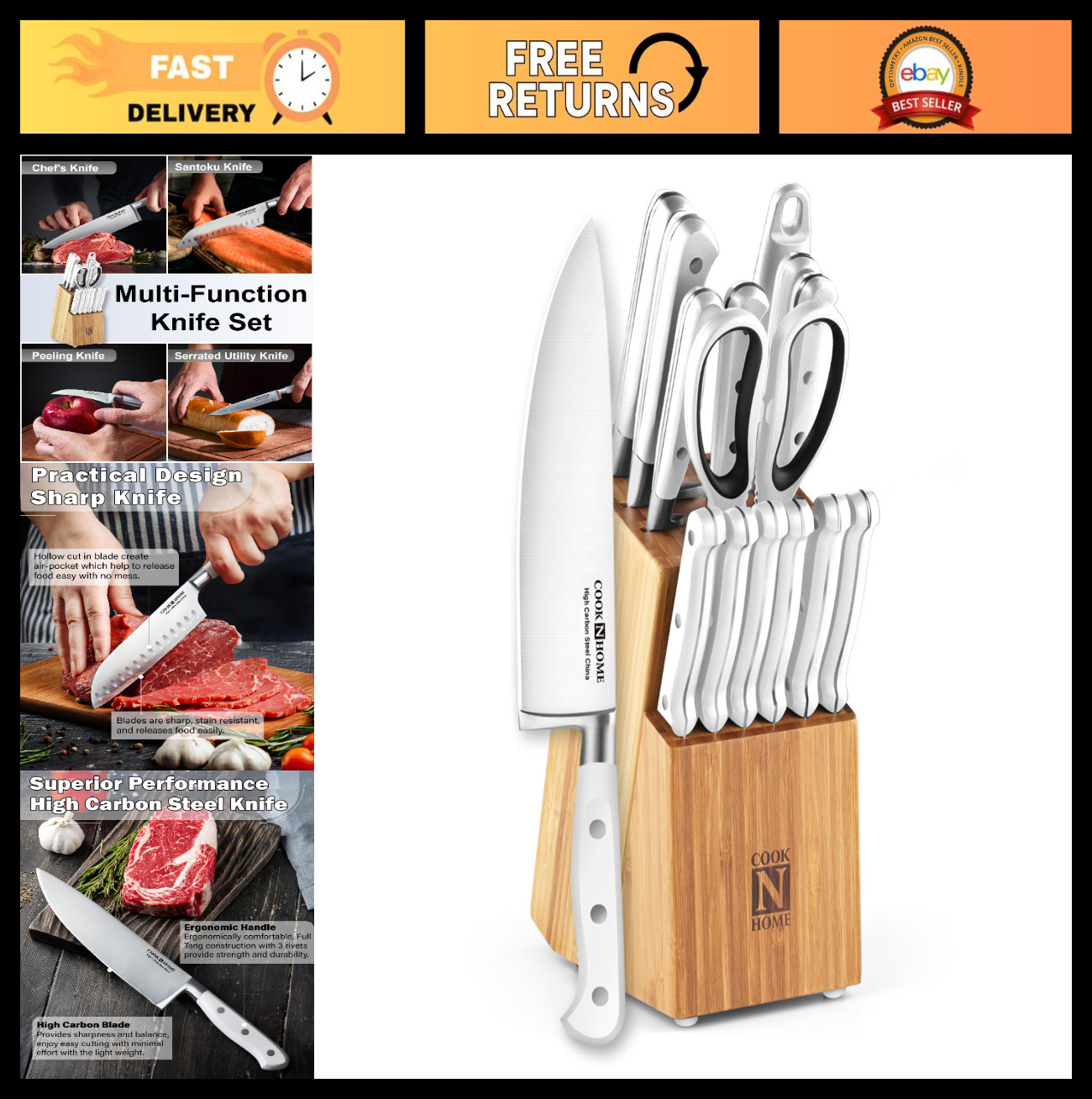 15-Piece Bamboo Kitchen Knife Block Set, High Carbon Stainless Steel Cutlery