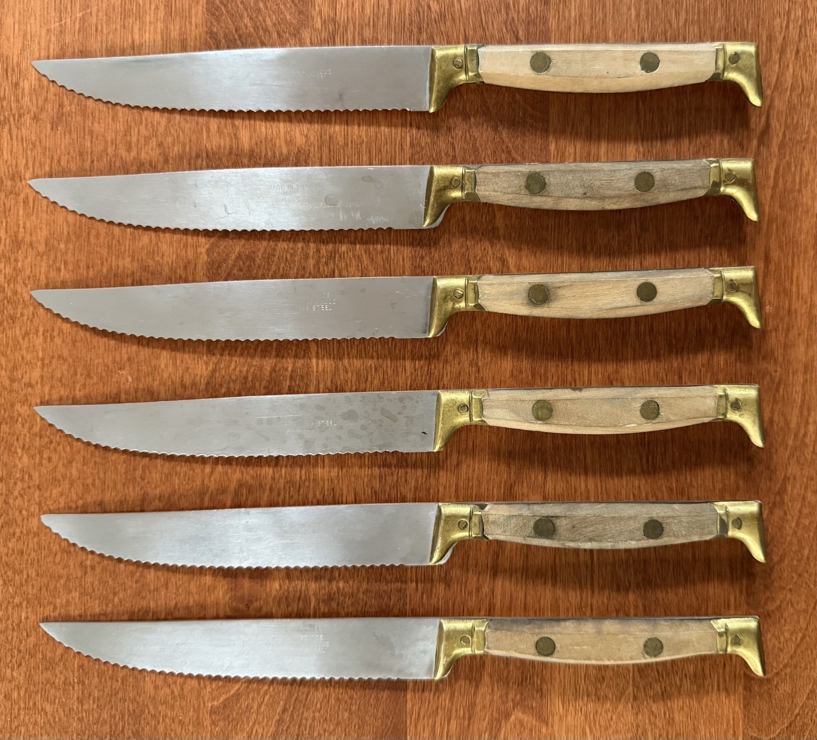 Vintage 60’s Neiman Marcus 6 Pc Steak Knife Set Brass Wood Dagger Handle, France