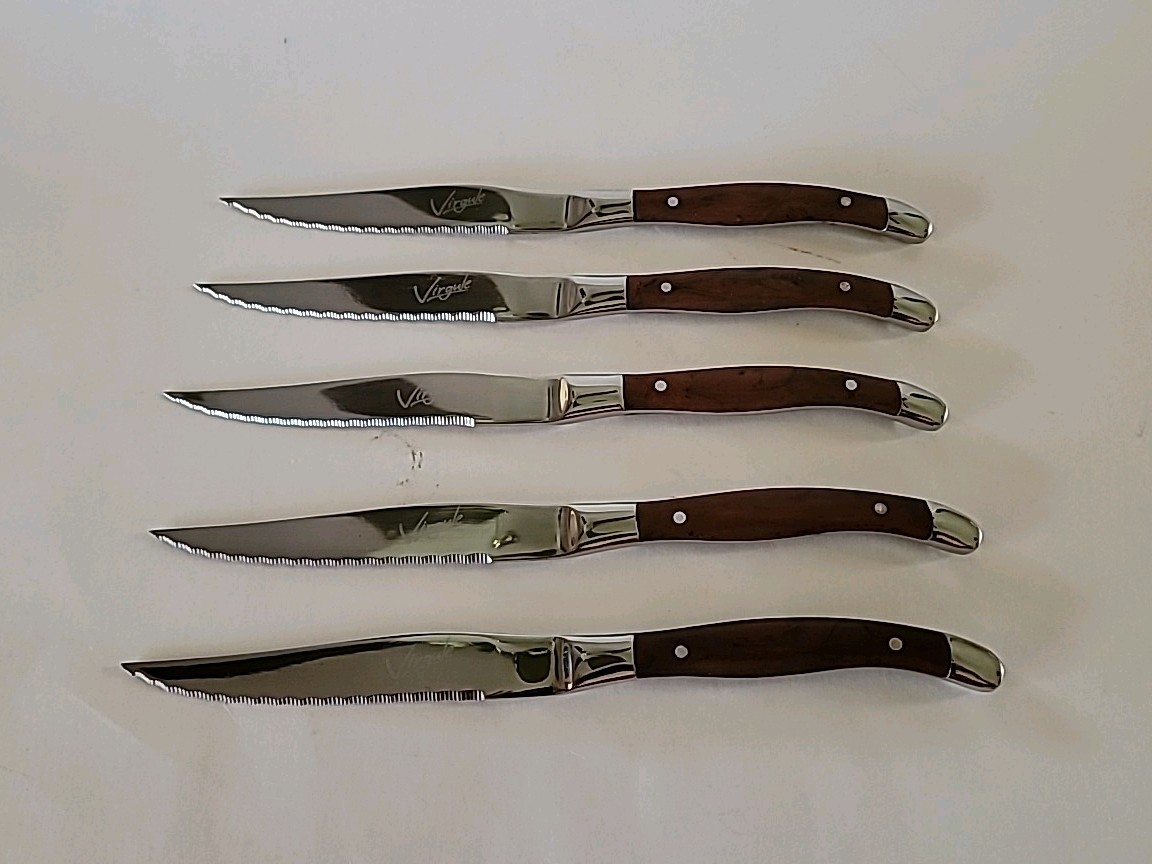Virgule Steak Knives Set Of 5. High Polished Stainless Steel Blade.Brown Handle.