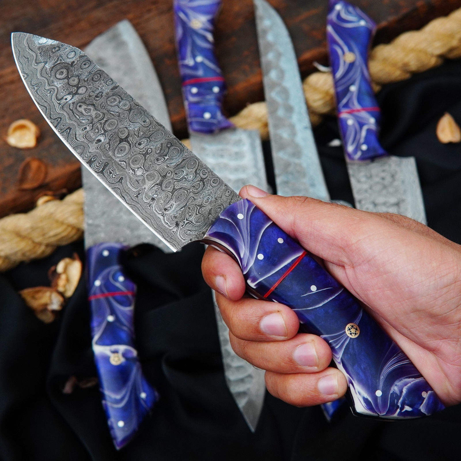 CUSTOM HANDMADE RAINDROP DAMASCUS HAMMERED 5 PIECES CHEF SET W/ LEATHER BAG