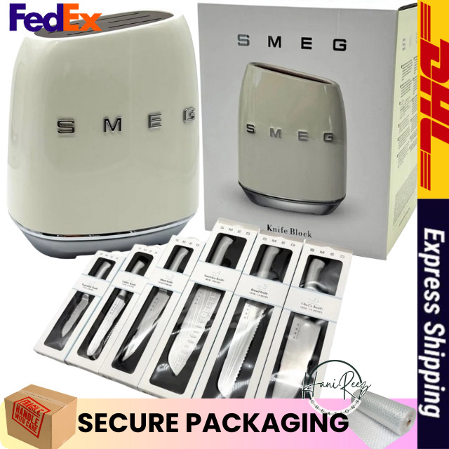 SMEG KNIFE BLOCK SET 6 PCS STAINLESS STEEL KNIVES CREAM COLOR BLOCK EXPRESS SHIP