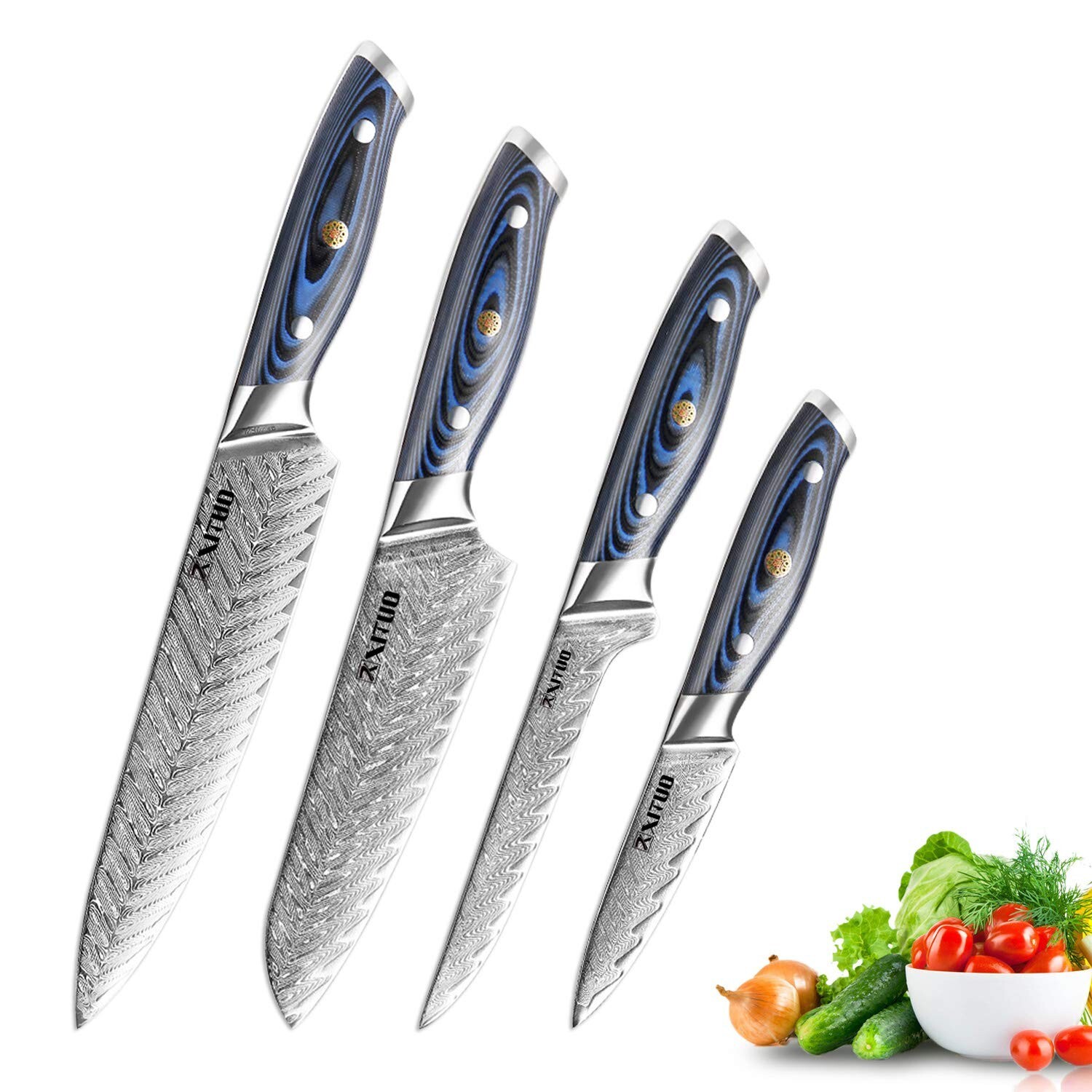 Damascus chef’s knife,japanese knives kitchen set | 4 piece kinves set Santok…