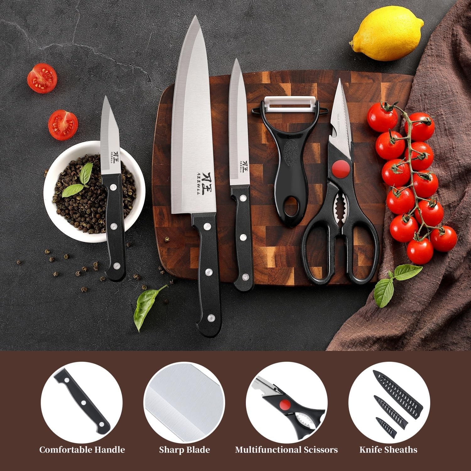 5 Pieces Kitchen knife Set, Knife Set Without Block with Sheathes, Stainless