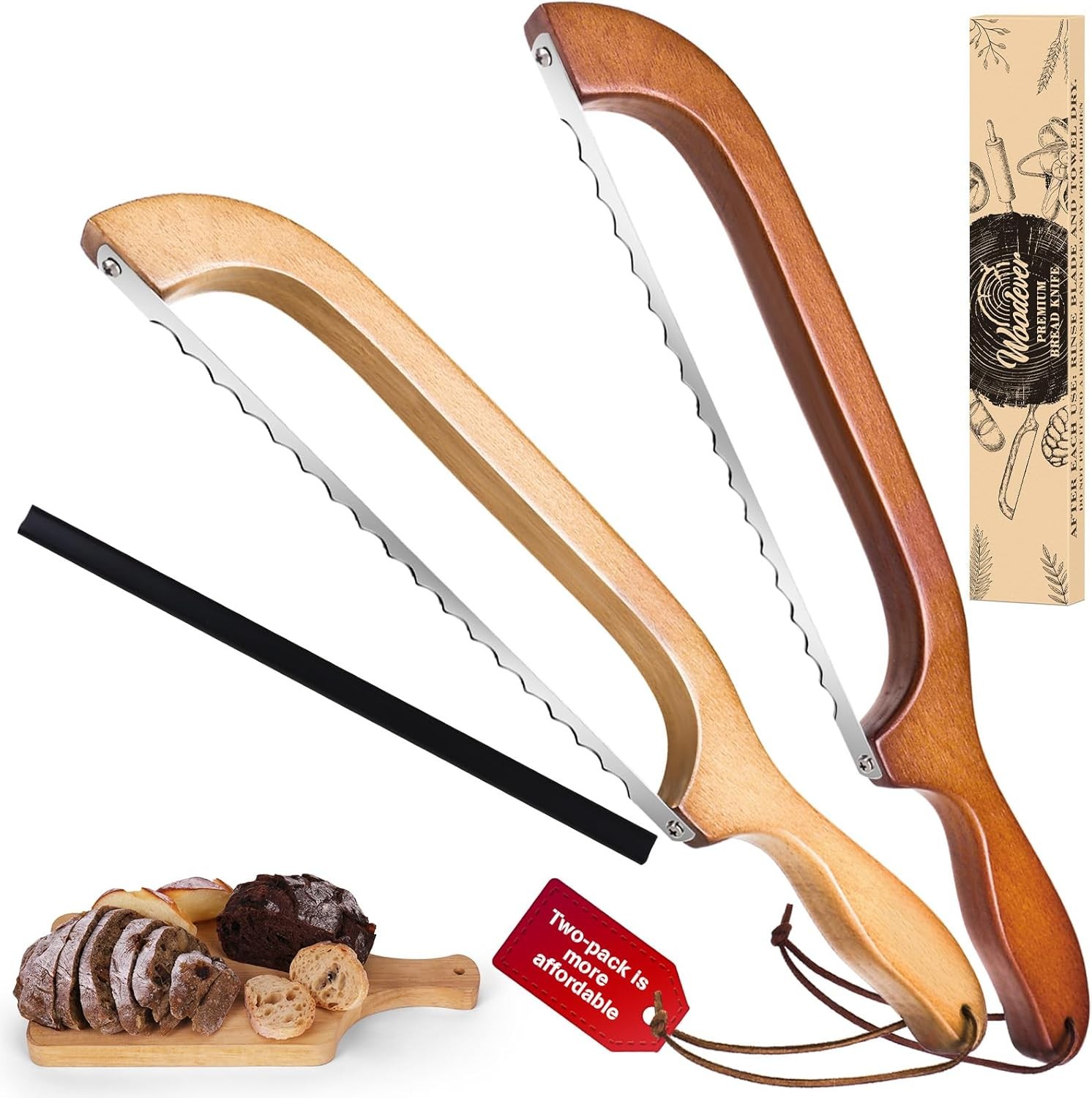 Bread Knife, 2 Pack Bread Slicer for Homemade Bread, 16” Wooden Sourdough Bread