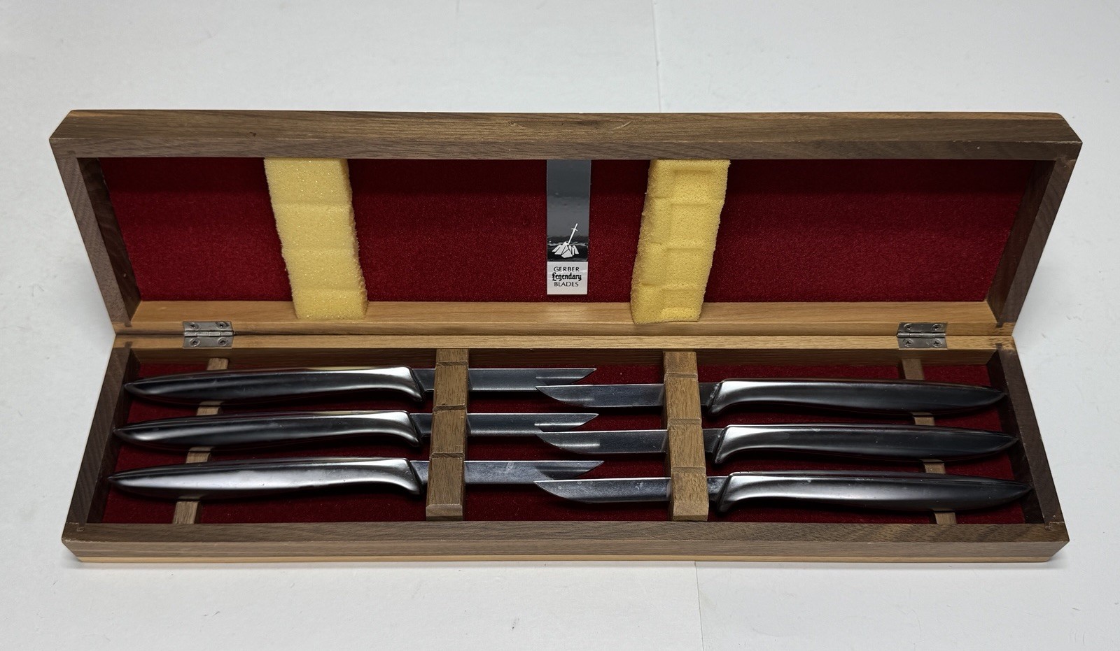 VTG Gerber Miming Stainless Steel Steak Knife Set of 6 in Walnut Wooden Box USA