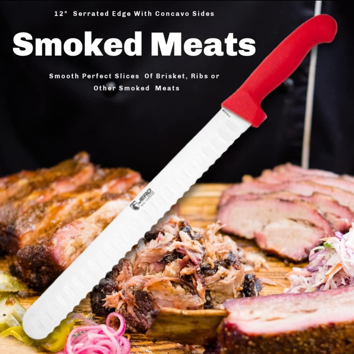 Jero Pitmaster 12″ Serrated Concavo Granton Slicer/Brisket Knife Red Handle
