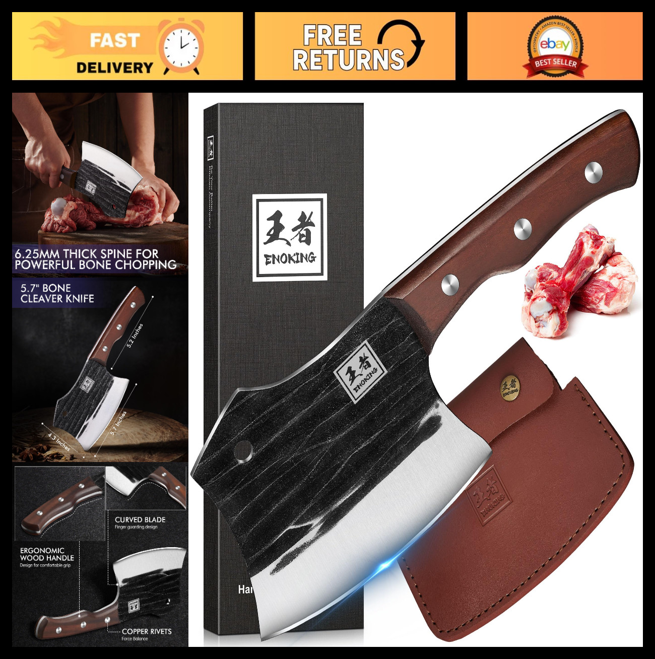Heavy-Duty 5.7″ Bone Cleaver Knife, Full Tang Butcher Chopper with Leather Sheat