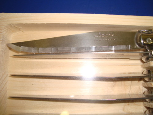 Set of 6 authentic French Jean Dubost Laguiole steak knives blue white red NEW