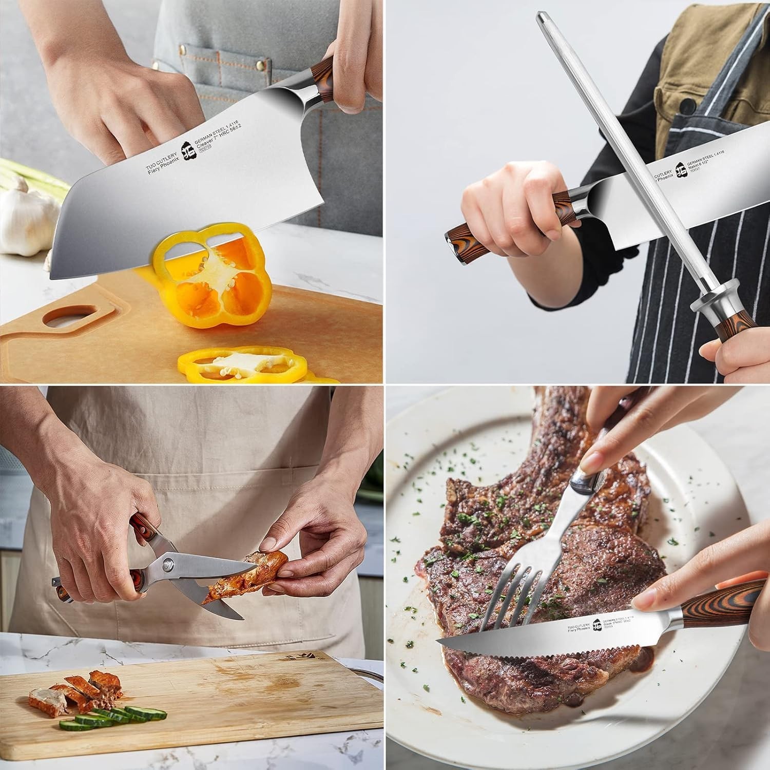 TUO 17 PCS German Stainless Knife Set – Block Holder, Chef & Steak Knives