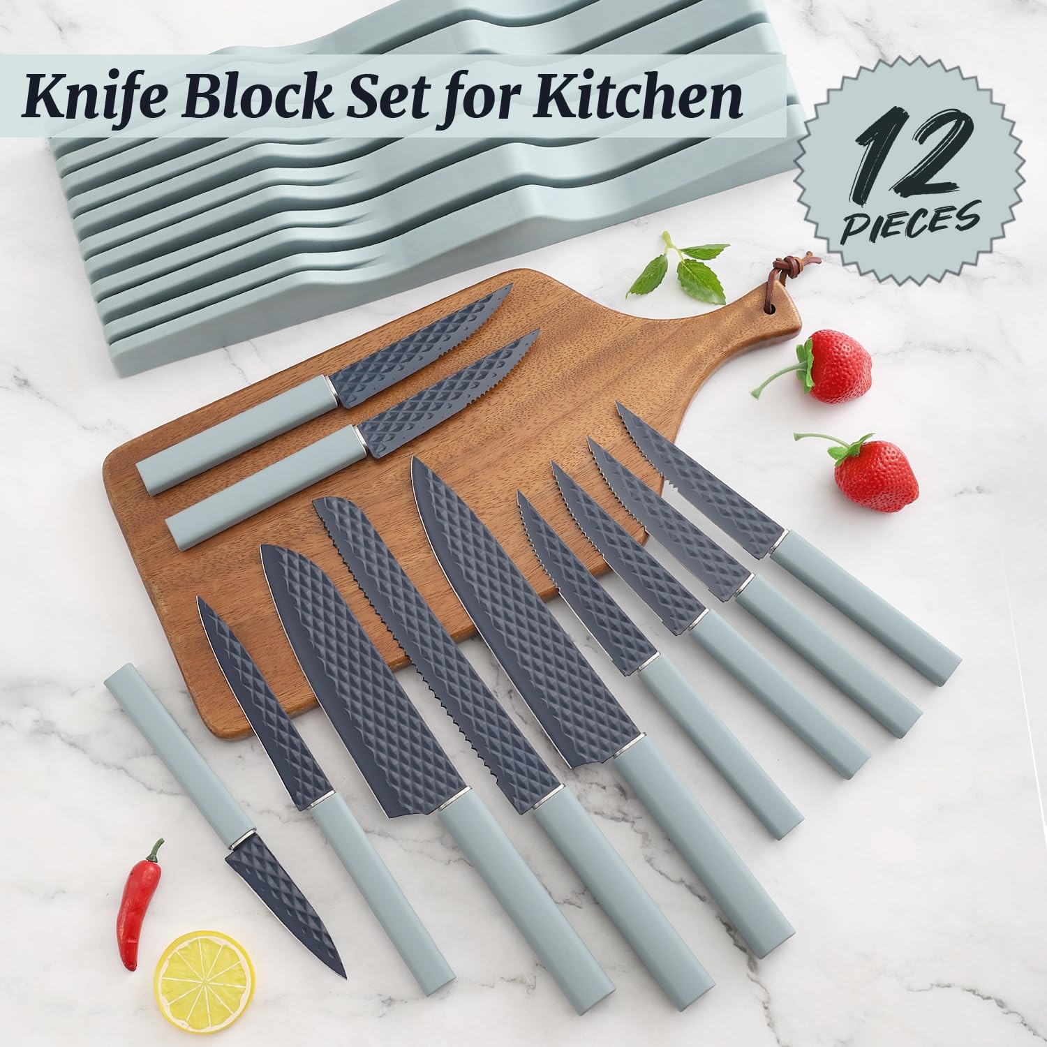 12 PCS Modern Knife Block Set Drawer Organizer Stainless Steel Blue