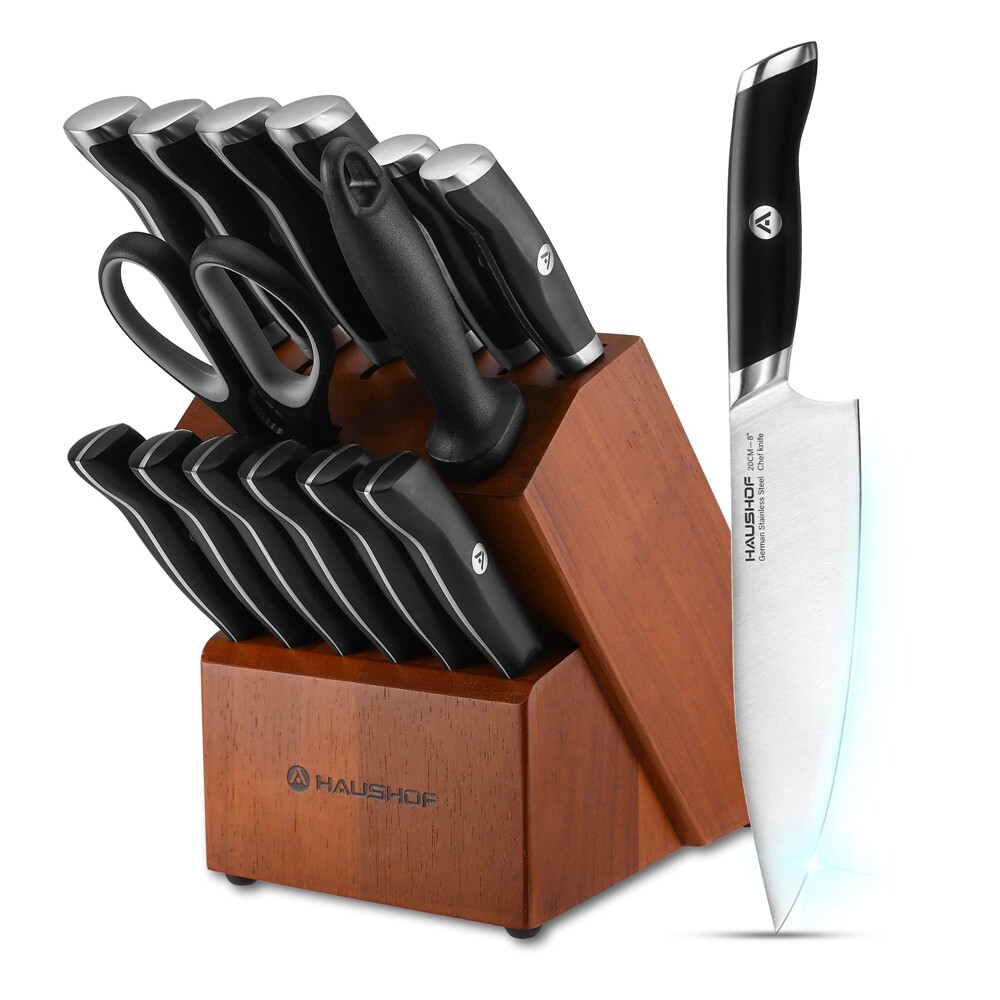 HAUSHOF 15-Pieces Kitchen Knife Set Stainless Steel w/ Sharpener Rod &Wood Block