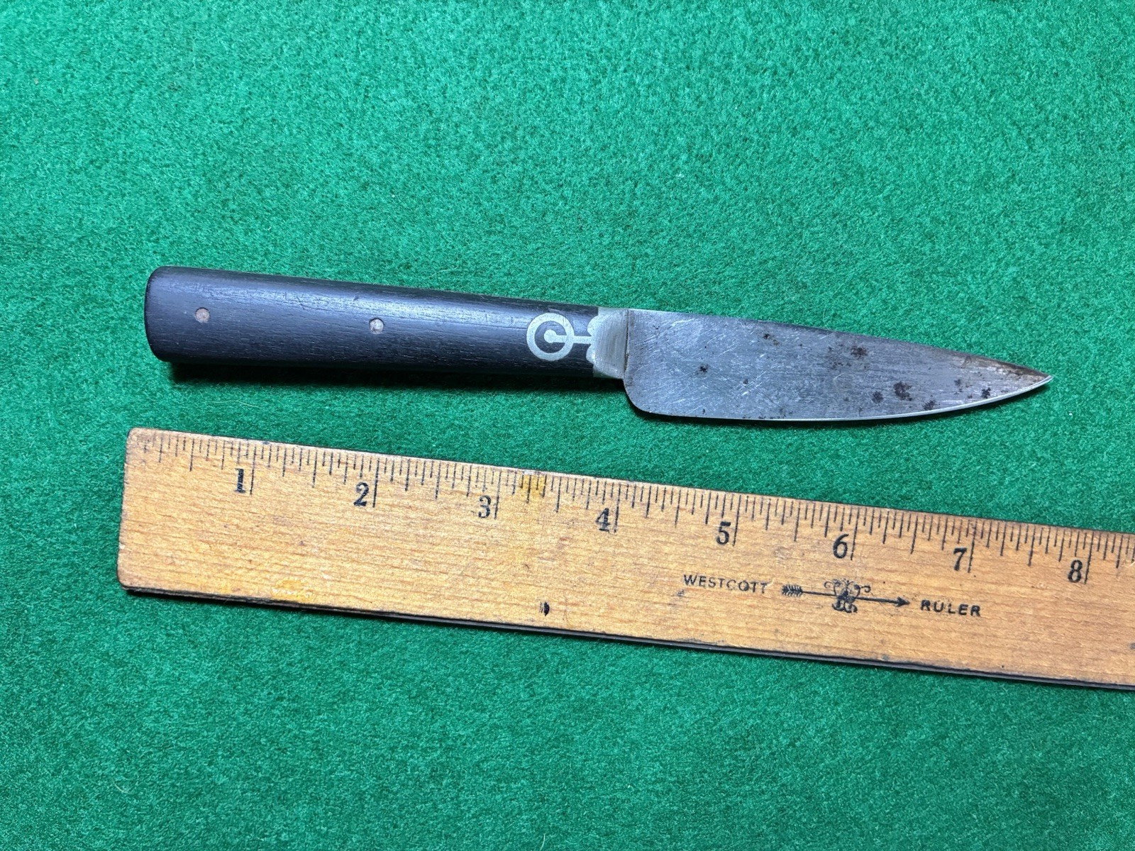 Vintage Late 1800s Carbon Steel Paring Knife Wood Handles Pewter Inlays Bolsters