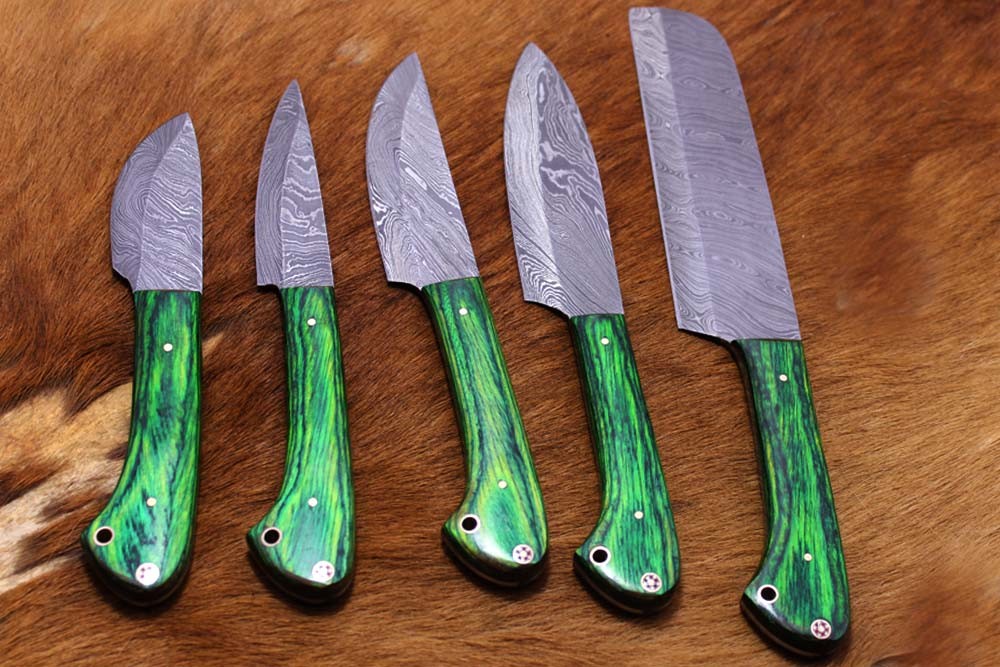 5 piece Green wood Kitchen knife set, hand forged Damascus steel, Leather sheath