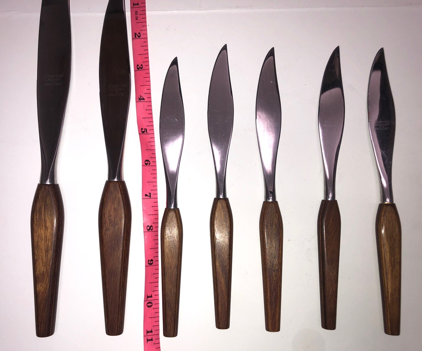 Vintage MCM Fleetwood Teak Handles 5 Pc Steak Knife & 2 Carving Knife Set