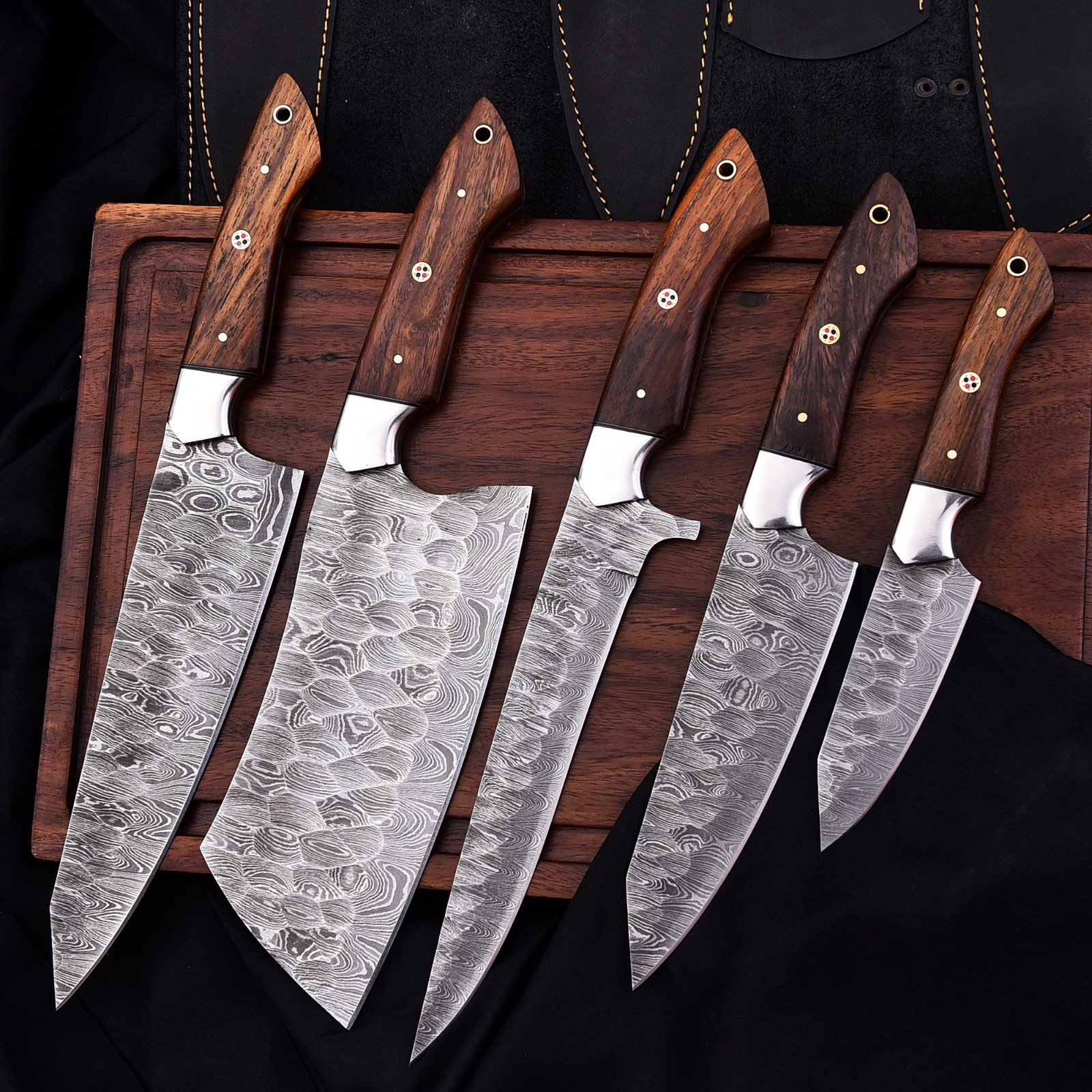 Handmade Damascus Steel Kitchen Knife Set – 5 Pc Chef Knives / Rosewood Handle