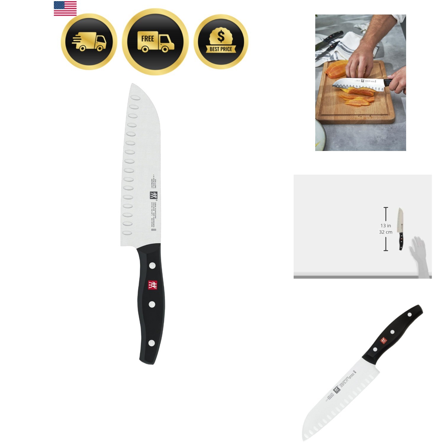 Twin Signature 7-inch Razor-Sharp German Hollow Edge Santoku Knife, Made in C…