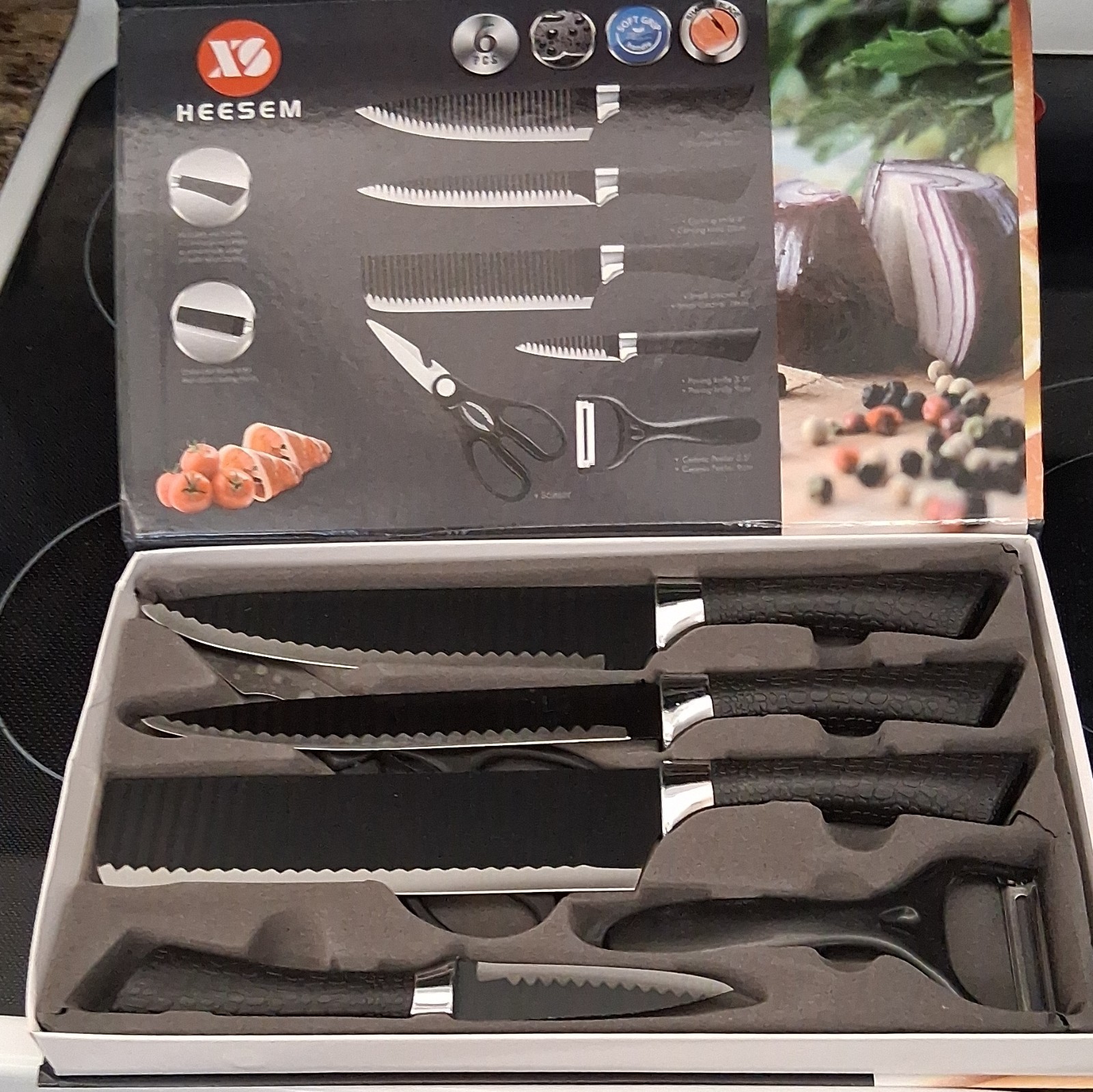 HEESEM ER-008 6pc Knife Set w/ Chef Carving Cleaver Paring Peeler, Serrated