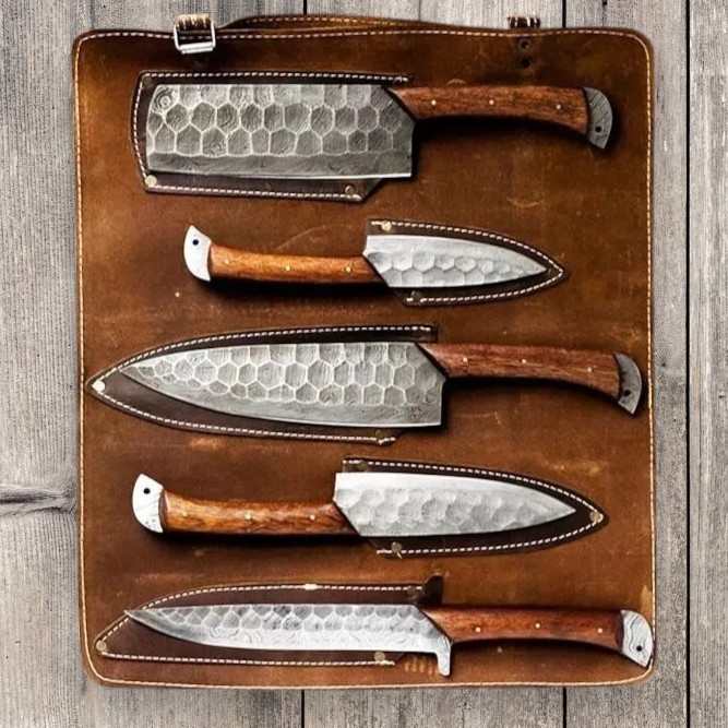 Damascus Chef Knife Set Hand Forged Kitchen Knives 5 Pcs Full Tang Leather Roll