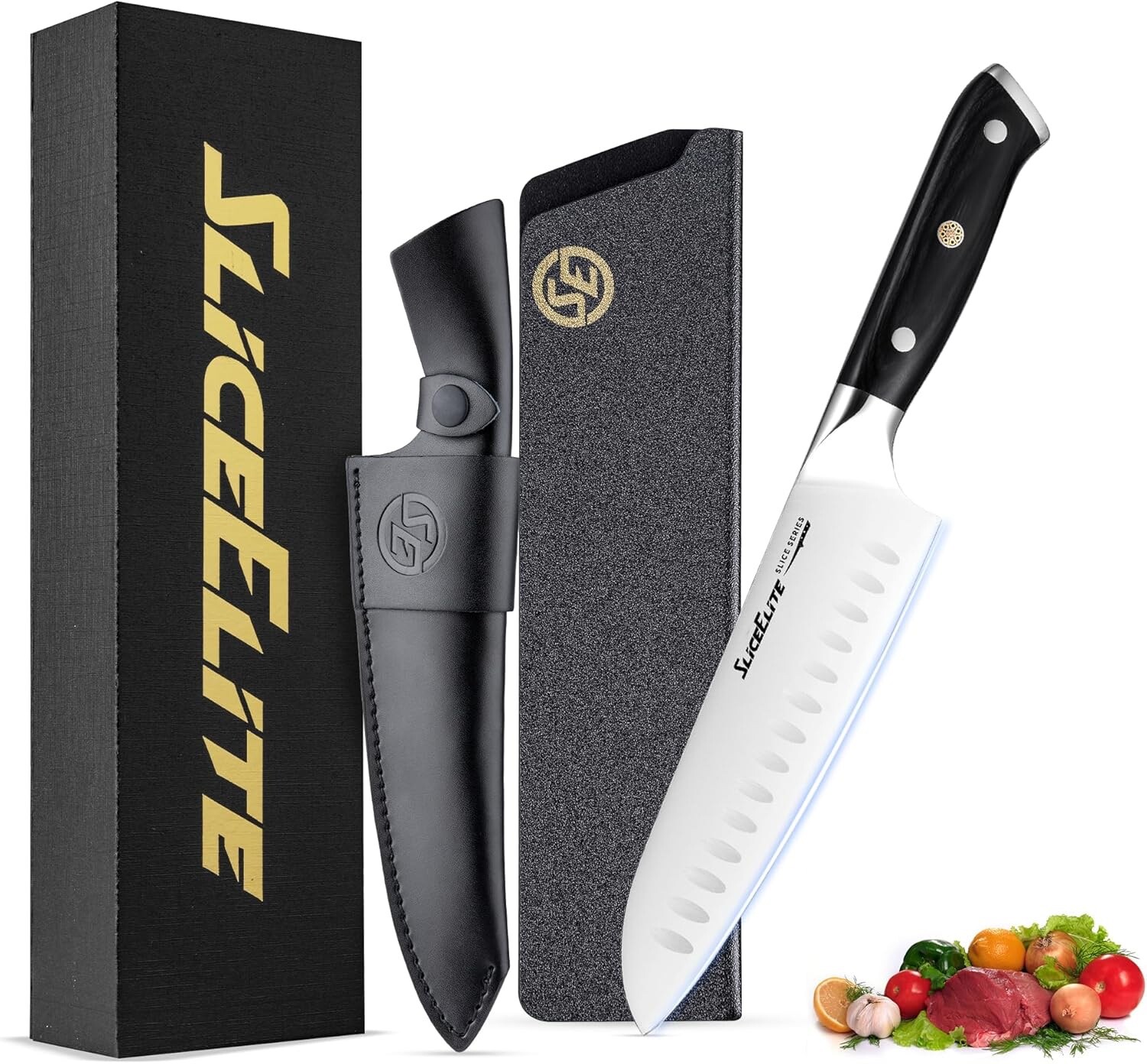 Slice Series 7-Inch Santoku Knife – High Carbon German Steel, Leather Sheath