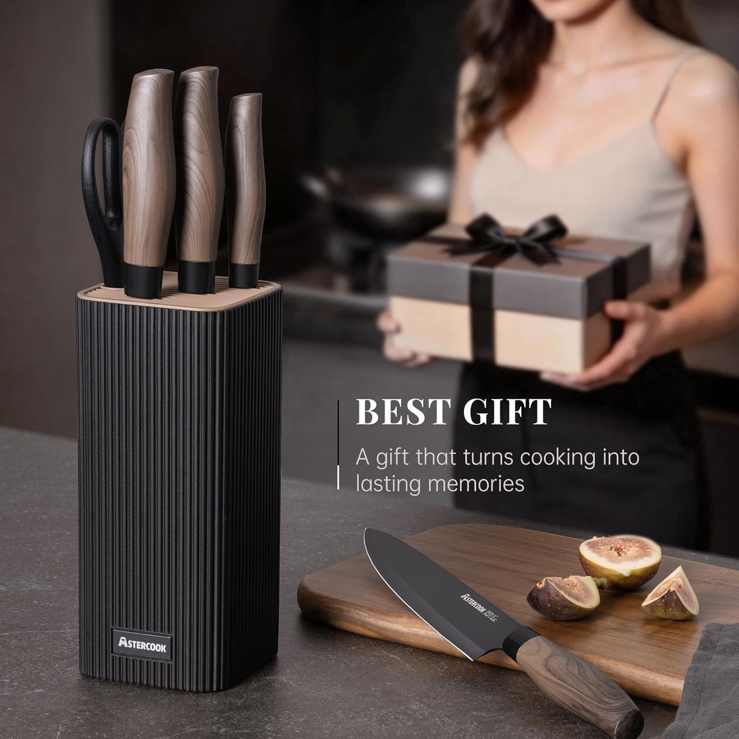 Elegant 6-Piece Kitchen Knife Set with Ergonomic Wood Grain Handles, Black Block