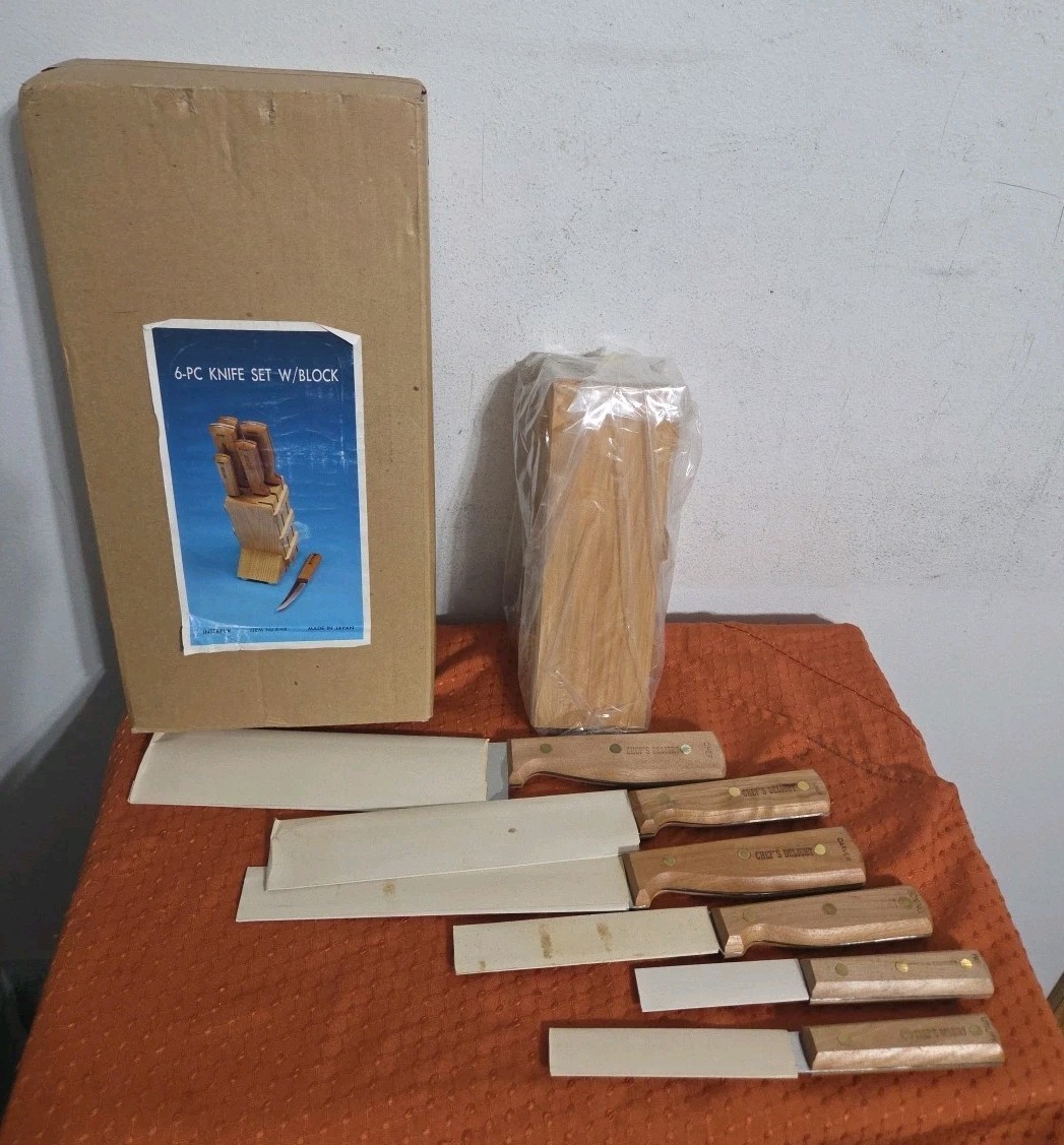 Vintage Interpur Stainless Steel Wooden 6 Pc Knife Set with Block Japan NOS