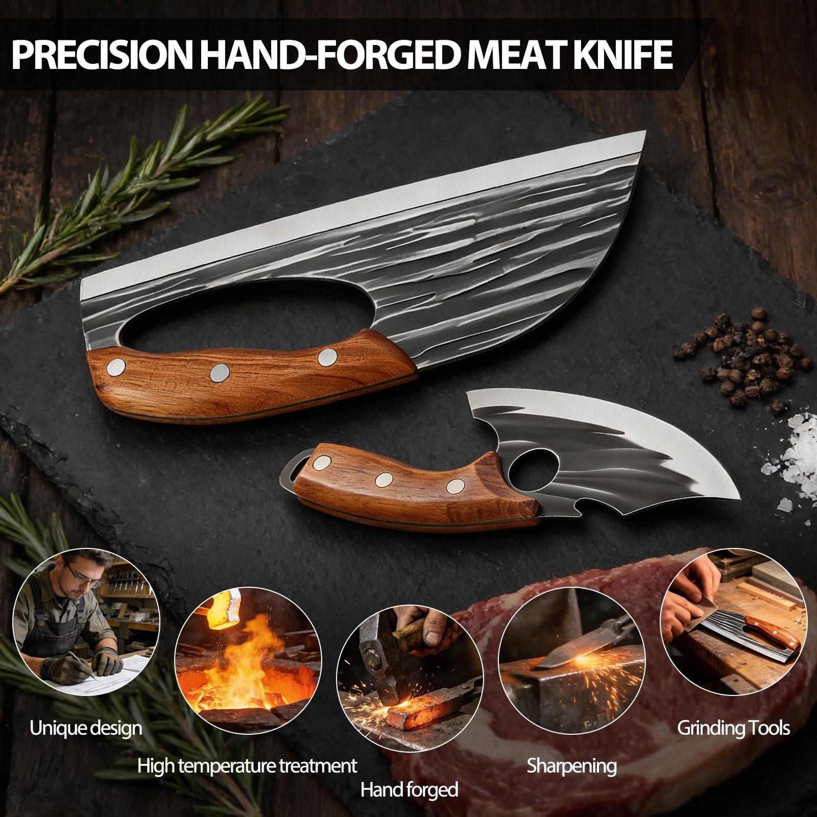 2 Pcs Meat Cleaver Knife Set – Sharp Carbon Steel Kitchen & BBQ Knives, Leather