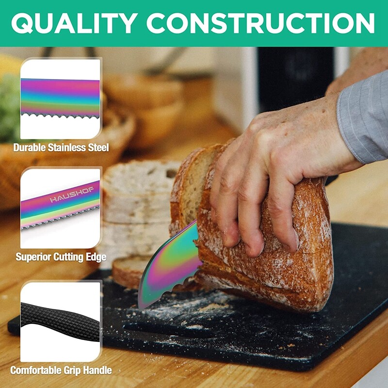 HAUSHOF 5PCS Kitchen Knife Set Rainbow Knife Sets with Arcylic Block for Slicing