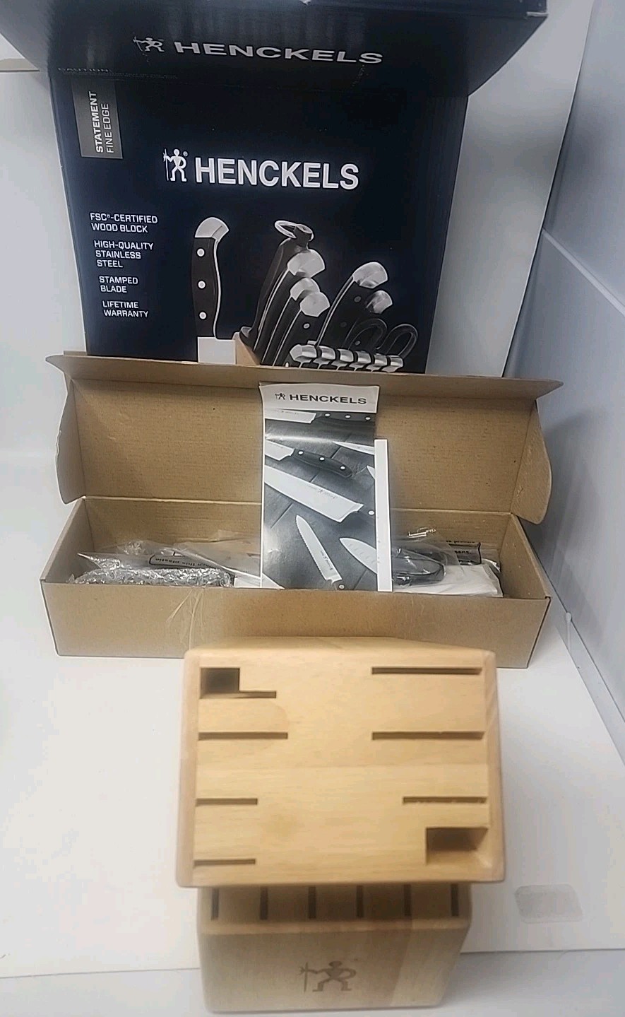 J.A. Henckels 15 Piece Stainless Knife Set with FSC-Certified Wood Block New