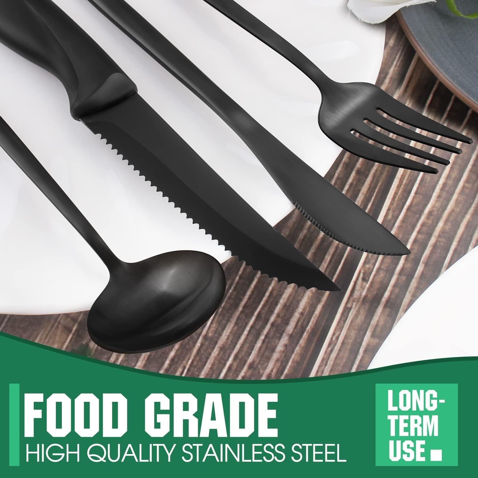 48 Pieces Matte Black Silverware Set with Steak Knives,Satin Finish tableware…