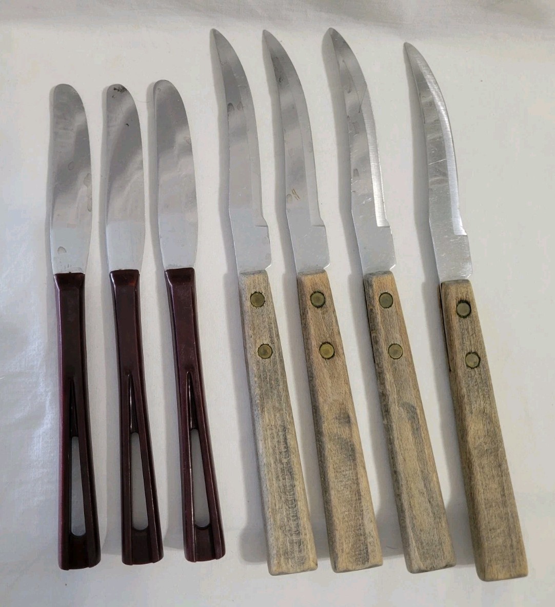 Vtg Stanley Stanhome Lot of 7 Knives 4 Smooth Blade Wood Handle 3 Plastic Handle