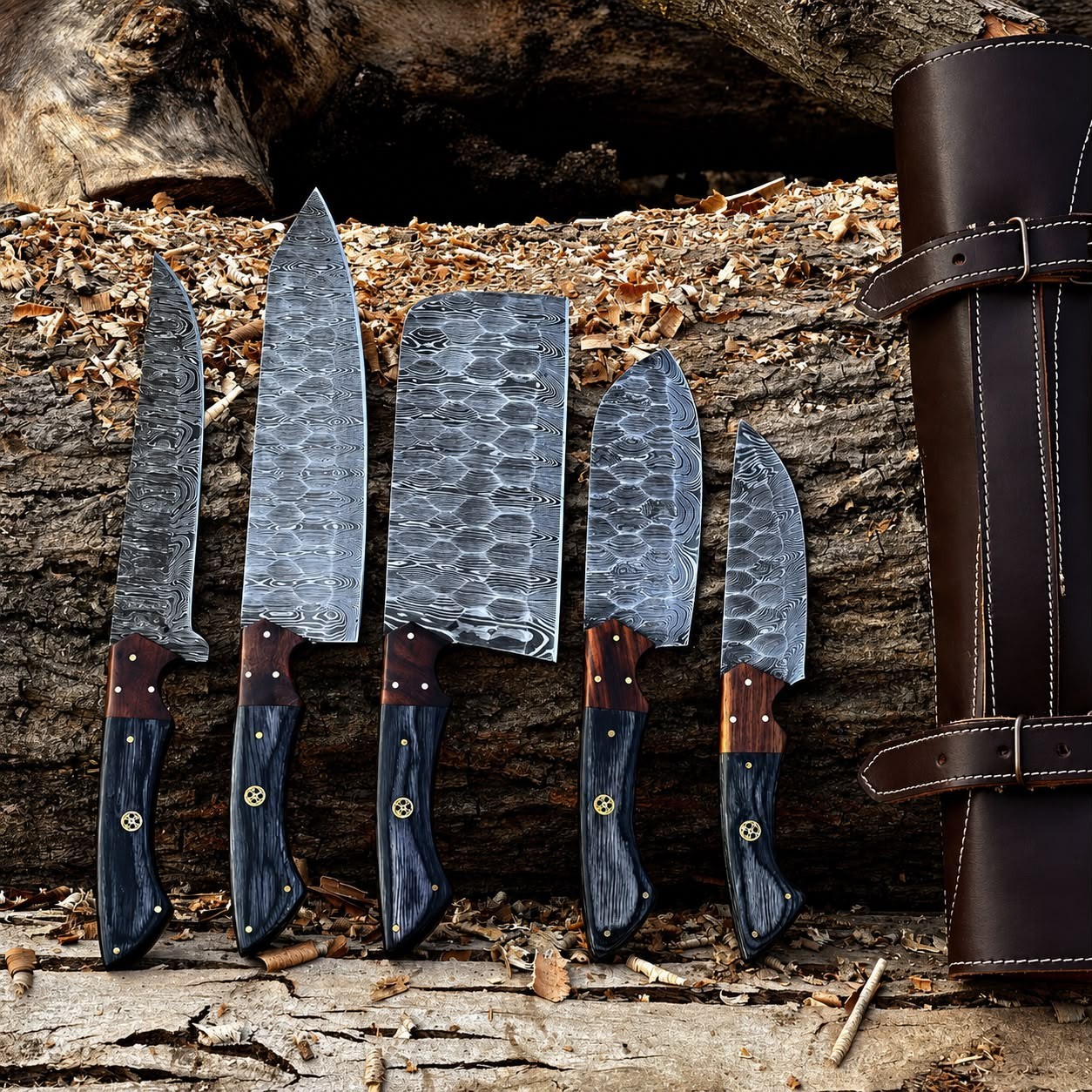 Custom Handmade Damascus Steel Chef Knife Set 5PCS Kitchen Knives with Leather